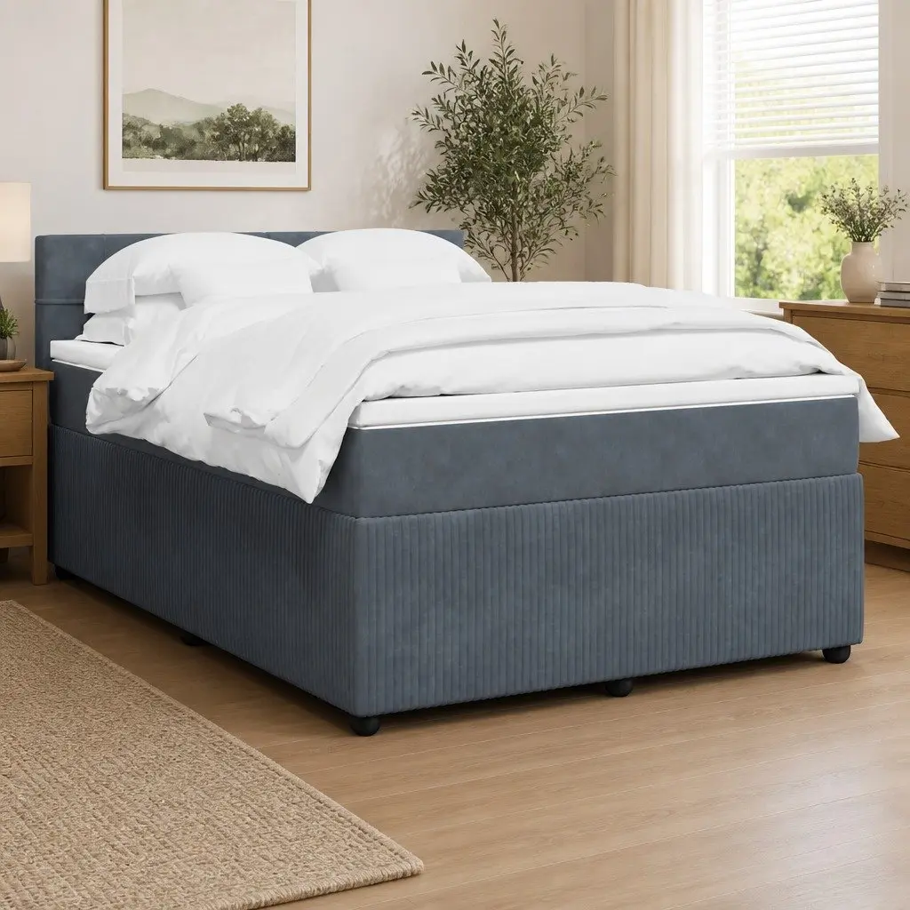Double Box Spring Bed Frame Grey Velvet Upholstered Pocket Spring Mattress with Removable Topper