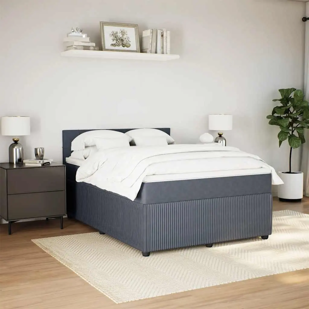 Double Box Spring Bed Frame Grey Velvet Upholstered Pocket Spring Mattress with Removable Topper