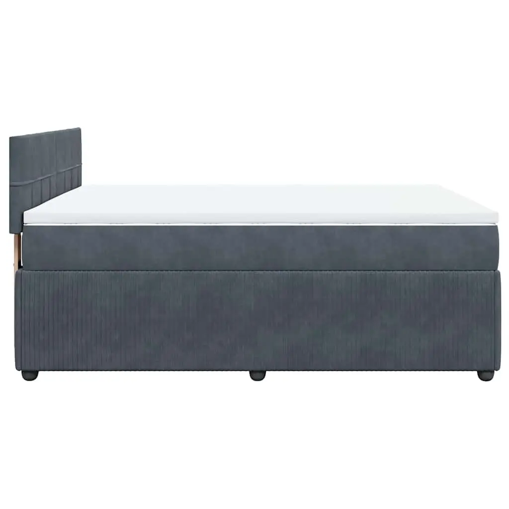 Double Box Spring Bed Frame Grey Velvet Upholstered Pocket Spring Mattress with Removable Topper