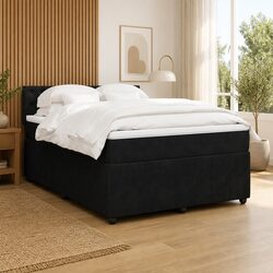 Concise Double Black Velvet Box Spring Bed with Mattress