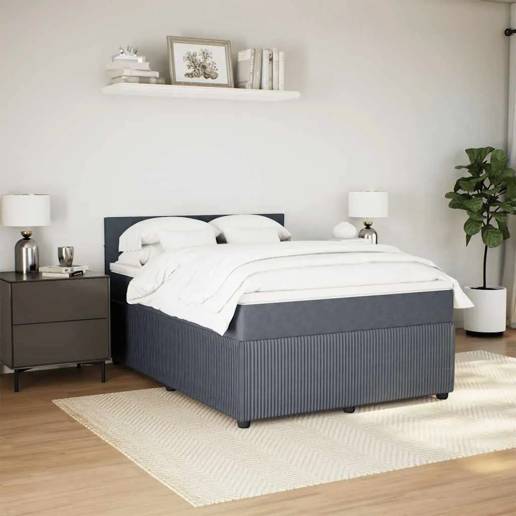 Queen Bed Frame Velvet Upholstered with Pocket Mattress Grey Wooden Slatted Base