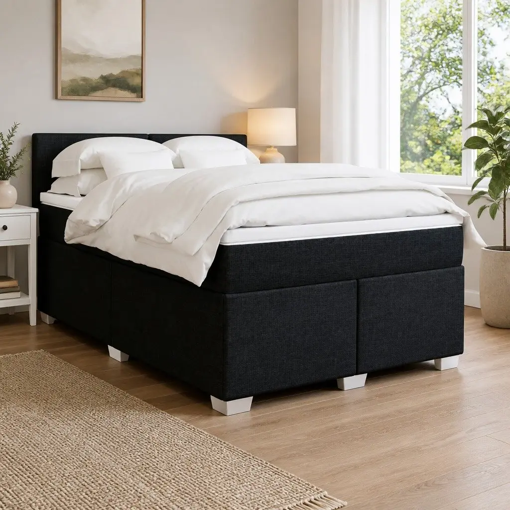 Double Box Spring Bed Black Fabric Pocket Spring Mattress with LED Lighting