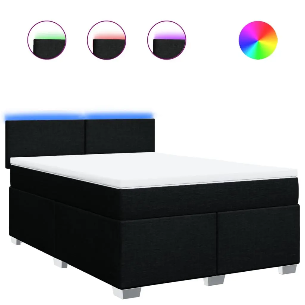 Double Box Spring Bed Black Fabric Pocket Spring Mattress with LED Lighting