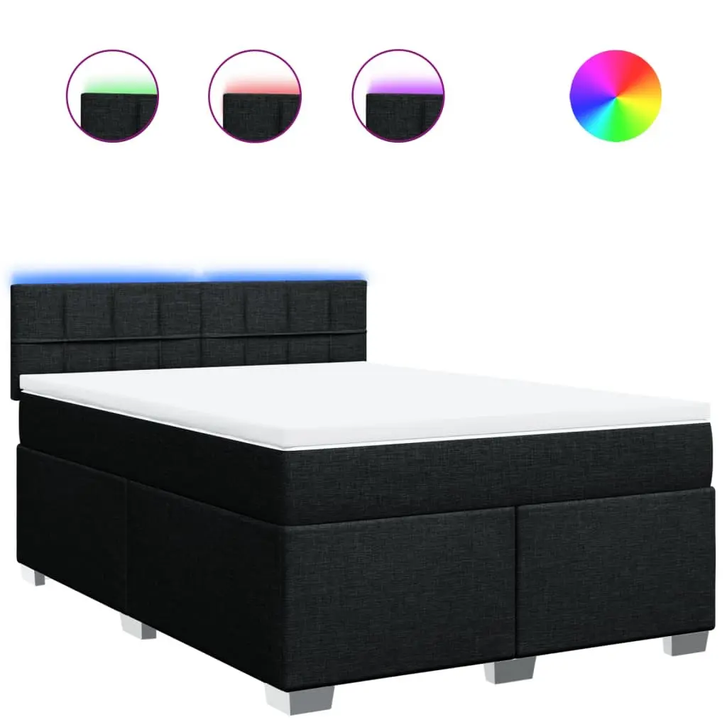Double Box Spring Bed with Mattress Black Fabric Bed Frame LED Lights Bedroom