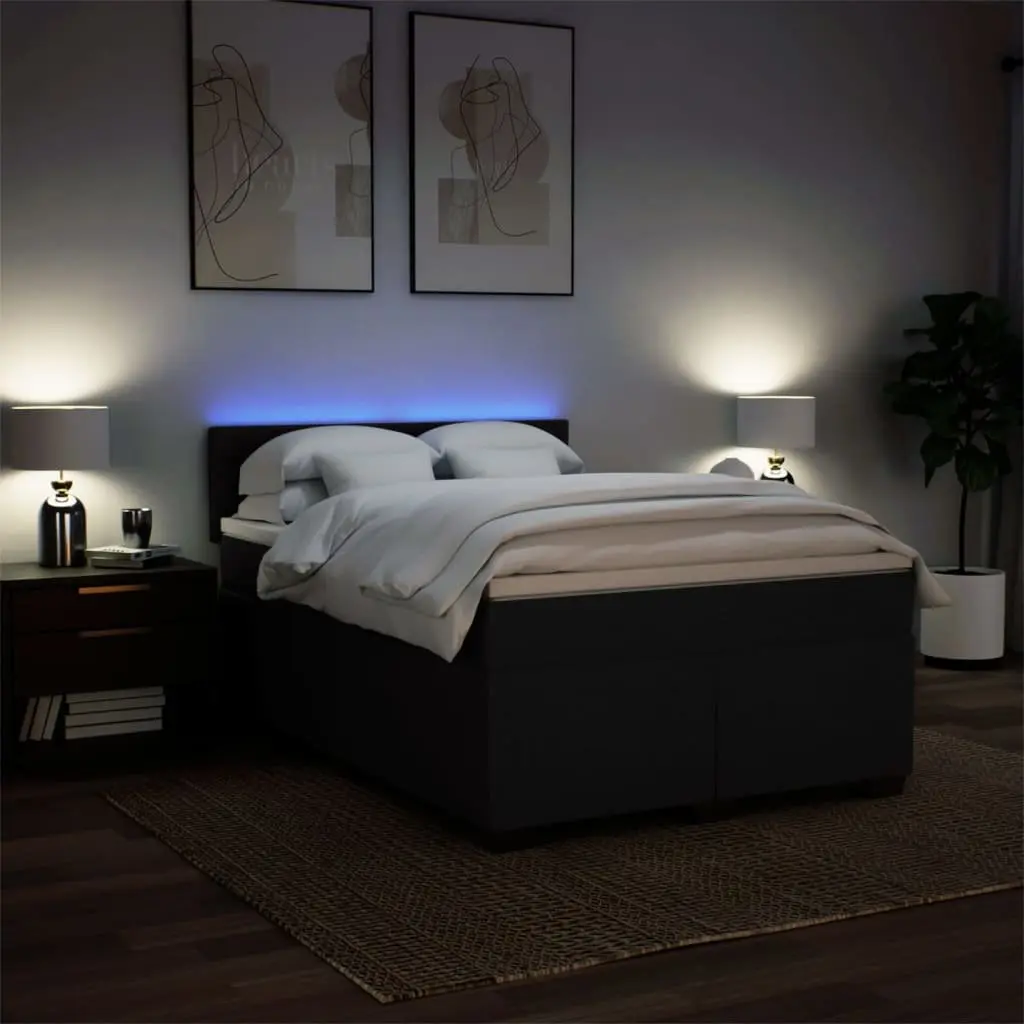 Double Box Spring Bed with Mattress Black Fabric Bed Frame LED Lights Bedroom