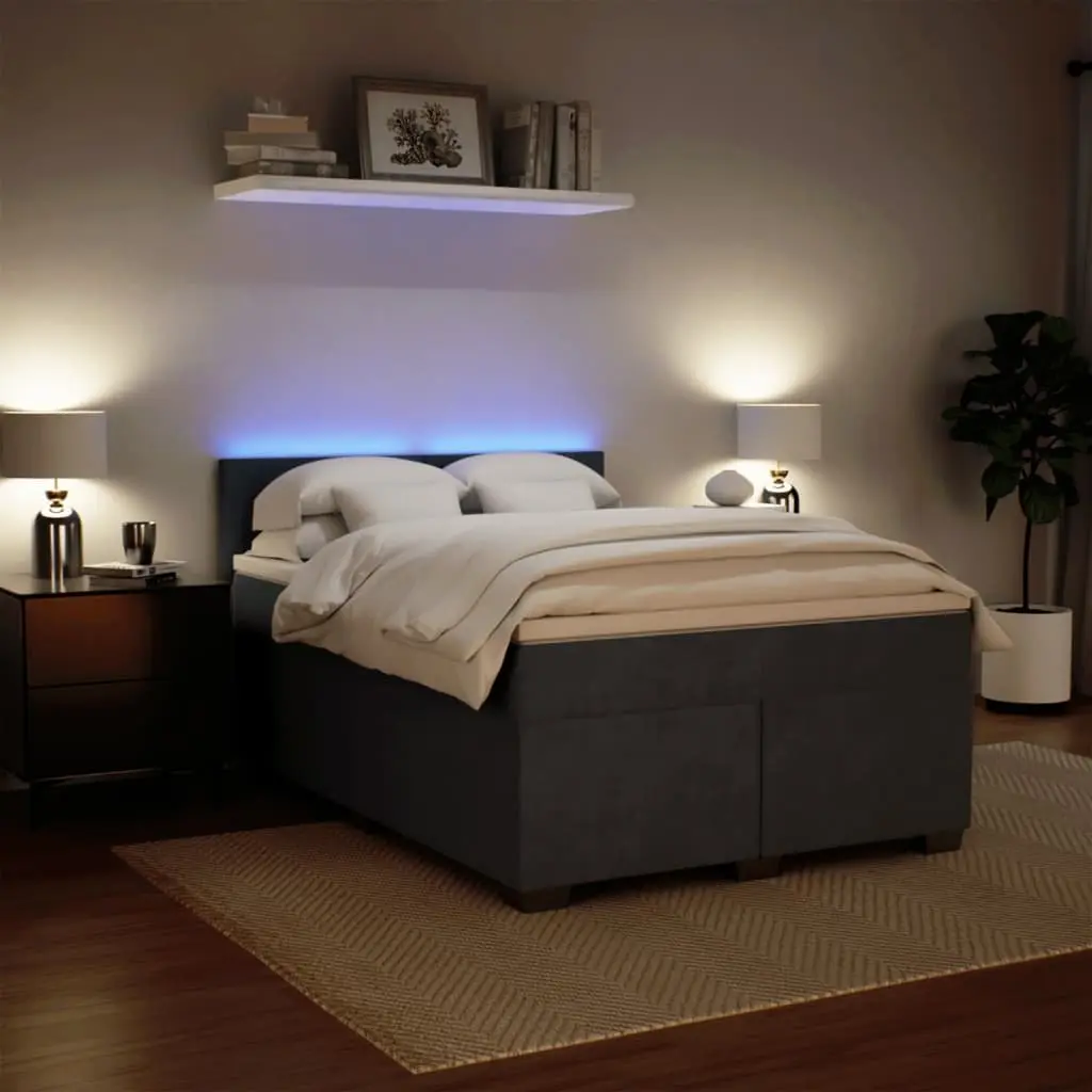 Double Box Spring Bed Grey Velvet Pocket Spring Mattress with Adjustable LED Lights