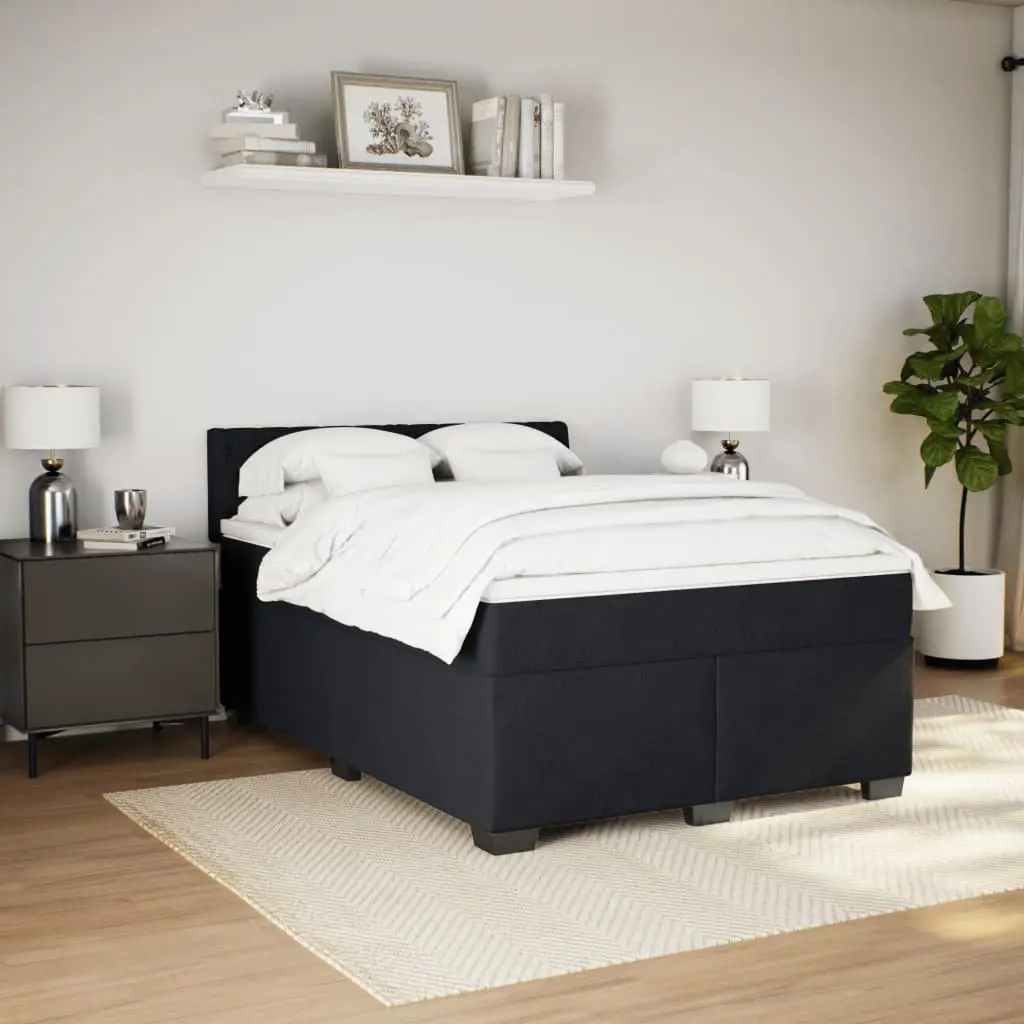 Double Box Spring Bed Black Velvet with Mattress and LED Lights Double Size for Bedroom
