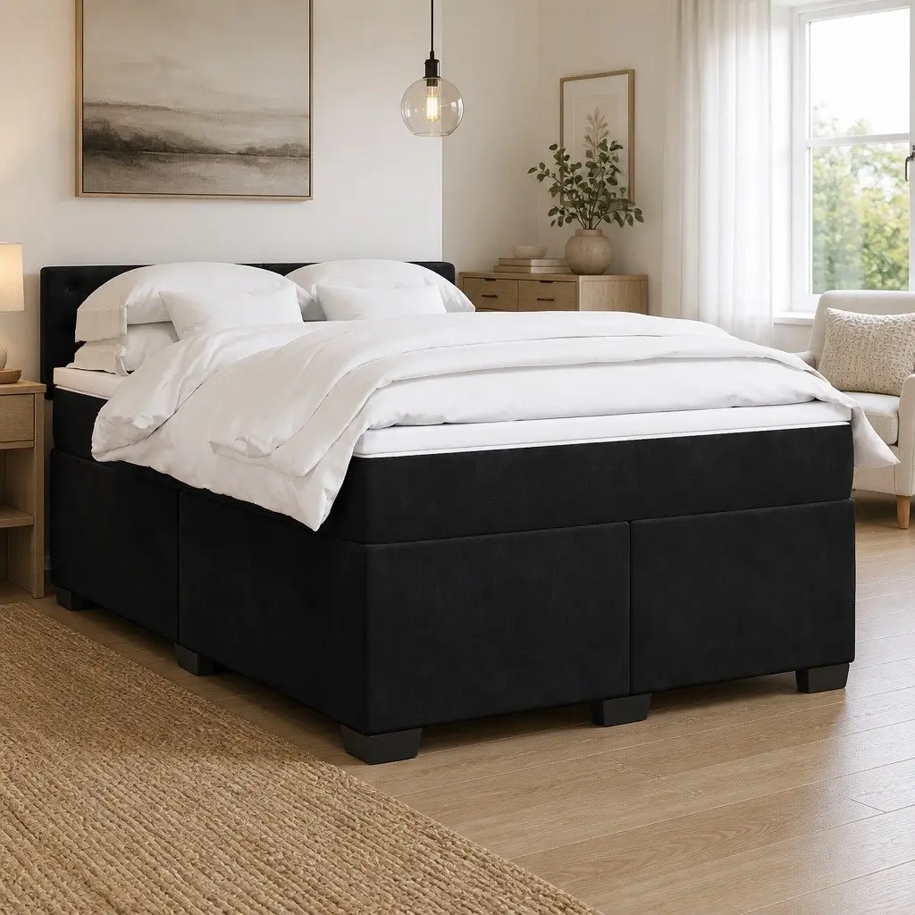Double Box Spring Bed Black Velvet 5ft Pocket Spring Mattress LED Lights