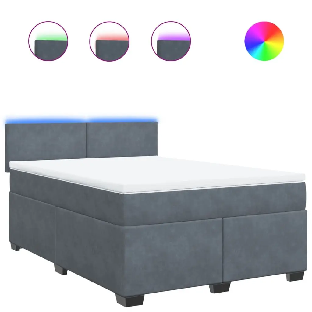 Box Spring Bed Dark Grey Velvet Queen Size with Mattress and LED Lights