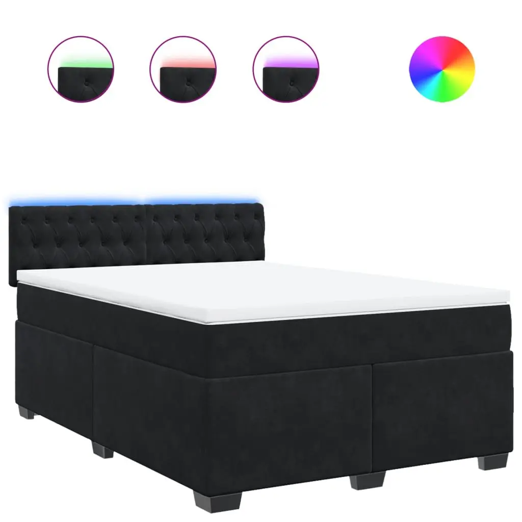Queen Size Box Spring Bed Black Velvet Pocket Spring Mattress LED Lights
