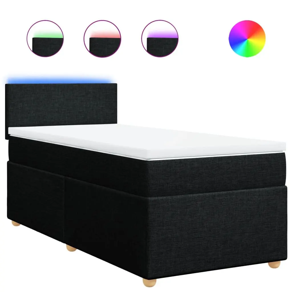 King Single Box Spring Bed with Pocket Mattress LED Lights Black Fabric