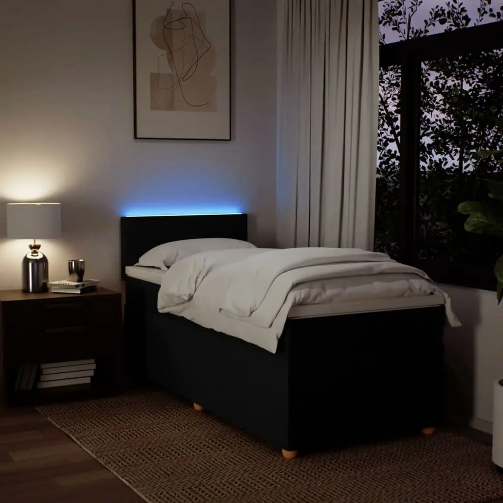 King Single Box Spring Bed with Pocket Mattress LED Lights Black Fabric