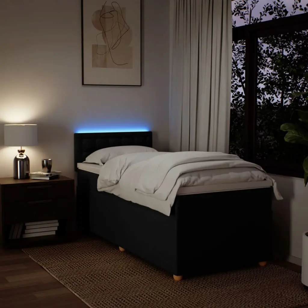 Box Spring Bed with Pocket Spring Mattress LED Lights Black King Single Fabric