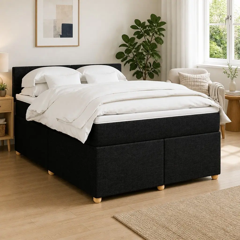 Double Box Spring Bed with Mattress Black Fabric Bedroom Bed Frame LED Lights