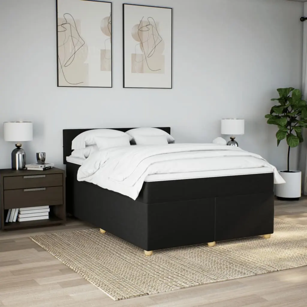 Double Box Spring Bed with Mattress Black Fabric Bedroom Bed Frame LED Lights