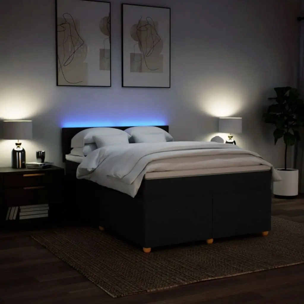 Double Box Spring Bed with Mattress Black Fabric Bedroom Bed Frame LED Lights