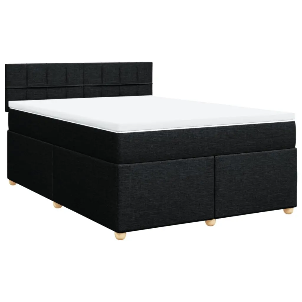 Double Box Spring Bed with Mattress Black Fabric Bedroom Bed Frame LED Lights