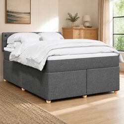 Double Box Spring Bed with Pocket Mattress LED Lights Grey Fabric Frame