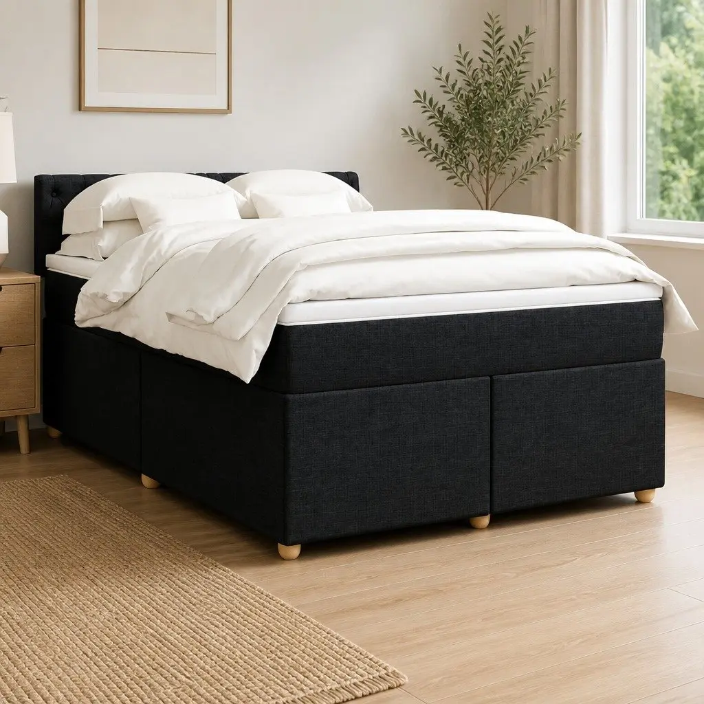 Double Box Spring Bed Black Fabric Pocket Sprung Mattress with LED Lights