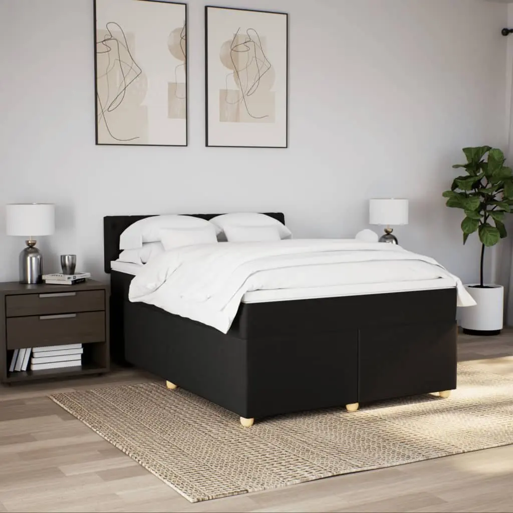 Double Box Spring Bed Black Fabric Pocket Sprung Mattress with LED Lights