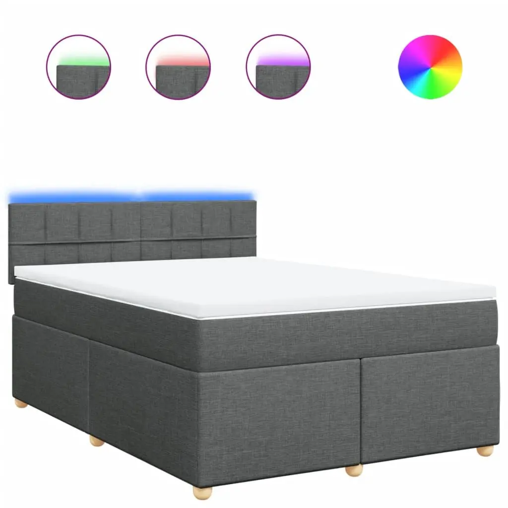 Queen Box Spring Bed Dark Grey Pocket Spring Mattress Adjustable LED Lights