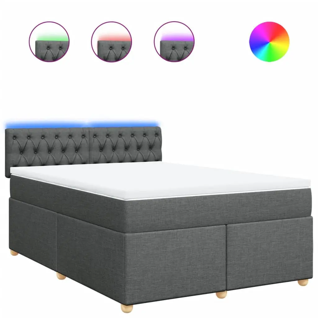 Queen Size Box Spring Bed Dark Grey Fabric with LED Lights and Pocket Spring Mattress