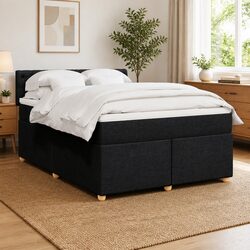 Queen Box Spring Bed with Pocket Spring Mattress LED Lights Black Fabric