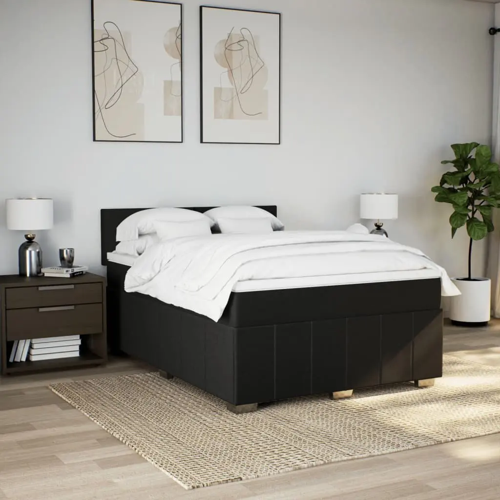 Double Box Spring Bed Frame Black Polyester with Pocket Spring Mattress and Adjustable LED Lights