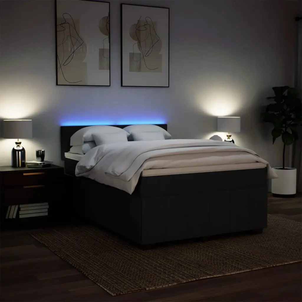 Double Box Spring Bed Frame Black Polyester with Pocket Spring Mattress and Adjustable LED Lights
