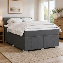 Double Box Spring Bed with Pocket Mattress LED Lights Grey Fabric Frame