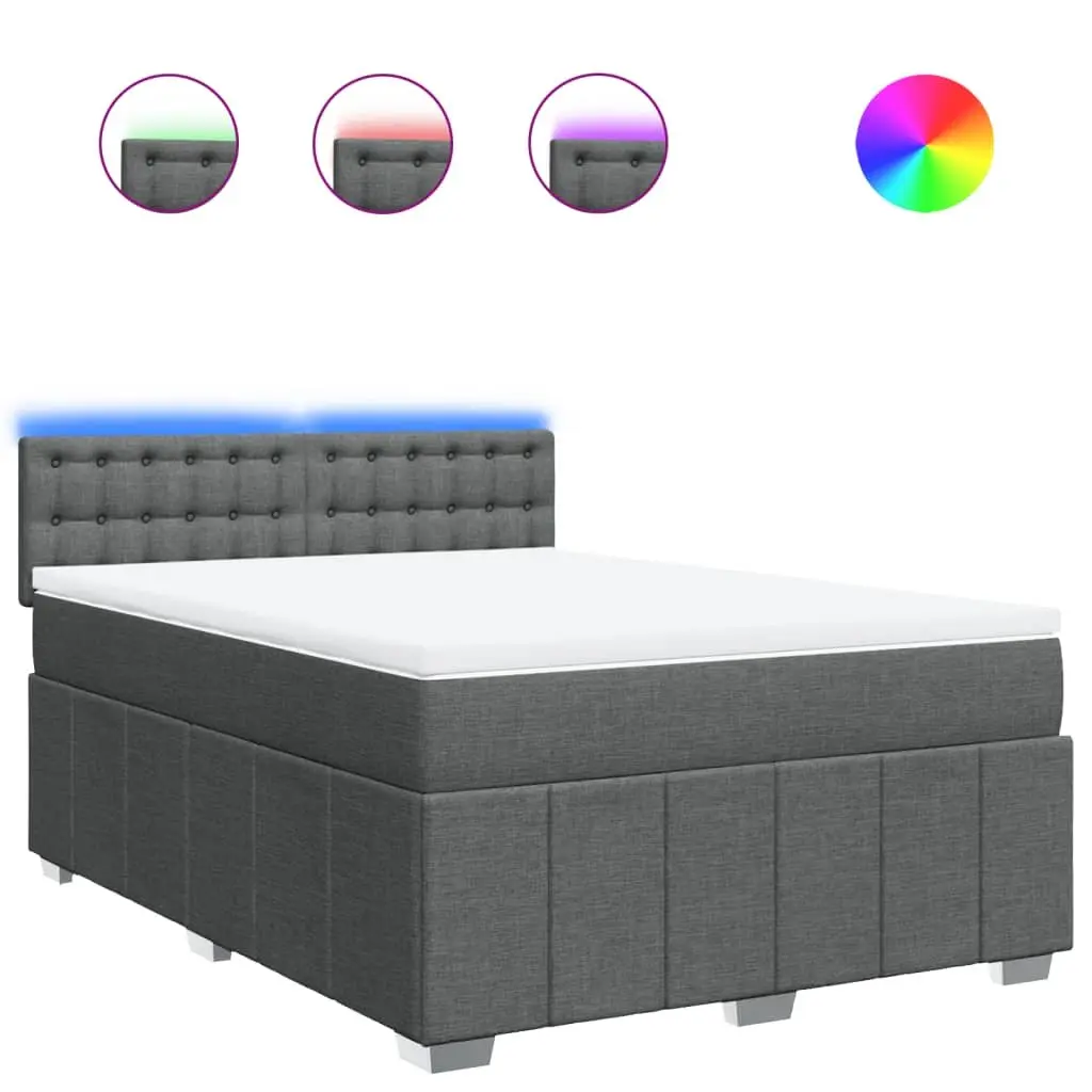 Box Spring Bed Grey with Pocket Spring Mattress and Adjustable LED Lights