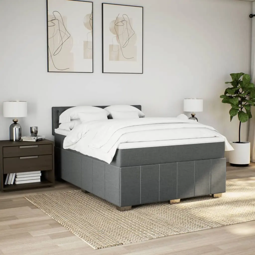 Box Spring Bed Grey with Pocket Spring Mattress and Adjustable LED Lights