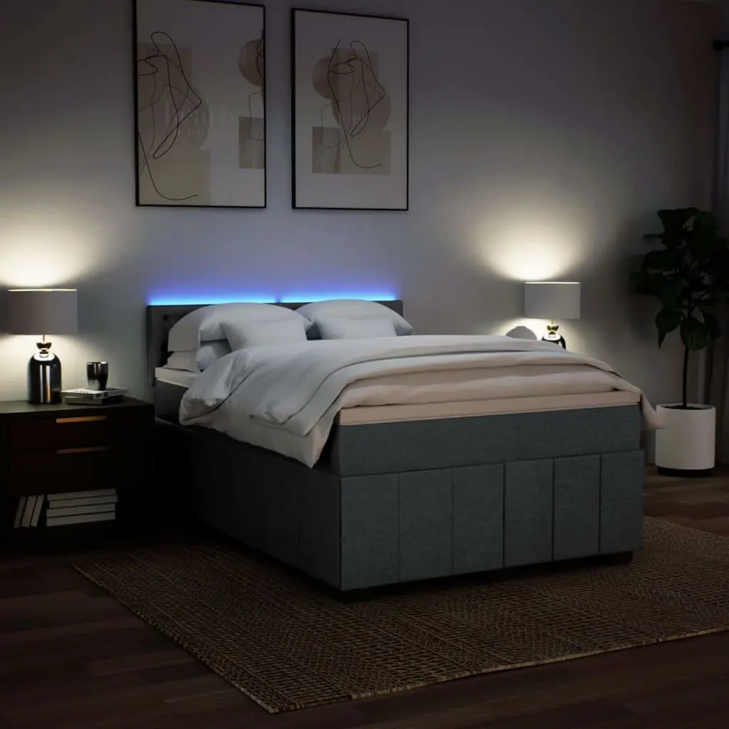 Box Spring Bed Grey with Pocket Spring Mattress and Adjustable LED Lights
