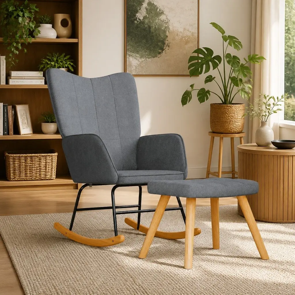 Rocking Chair Grey Fabric Padded Foam Seat with Matching Stool