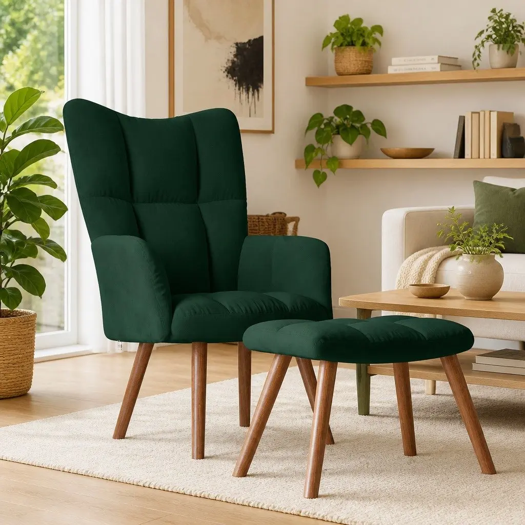 Armchair with Footstool Dark Green Velvet Relaxing Chair Padded Accent Seat