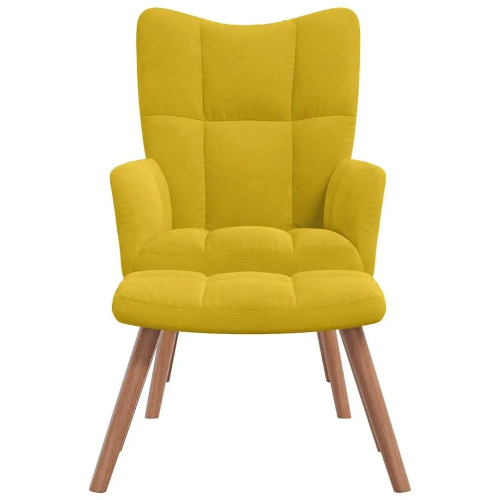 Armchair Mustard Yellow Velvet Padded with Footstool Block Detailing