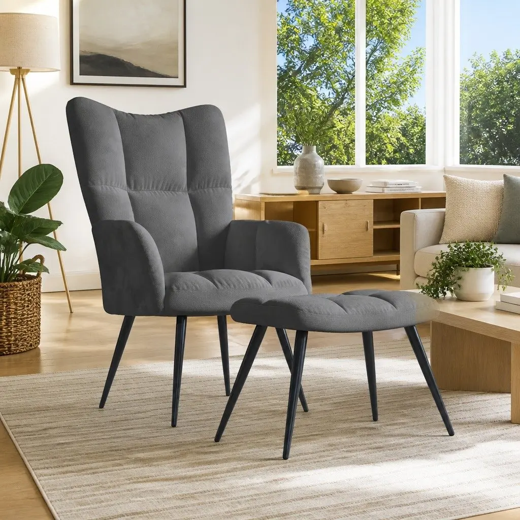 Relaxing Armchair with Stool Dark Grey Velvet Accent Chair Lounge Seat Footrest