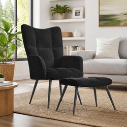 Modern Relaxing Chair and Stool in Black Velvet
