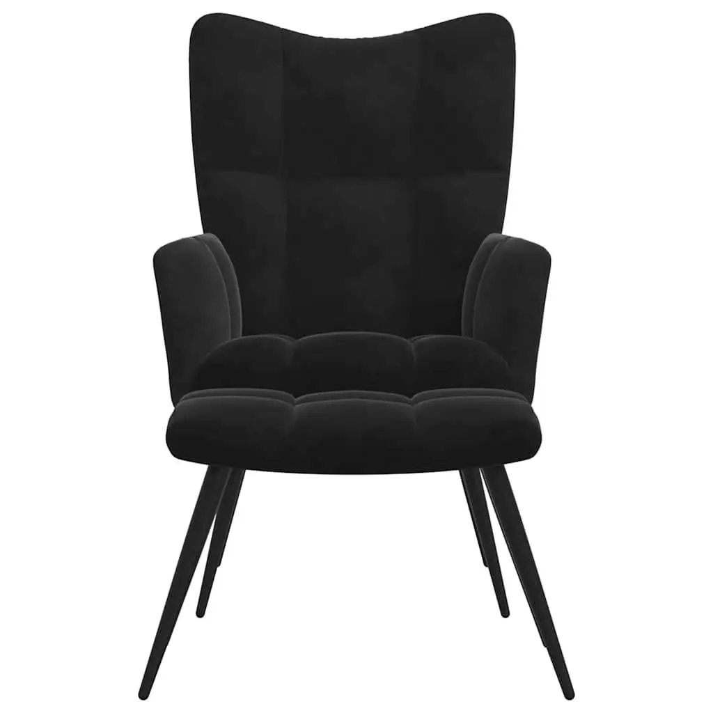 Armchair Black Velvet Relaxing Chair with Stool Block Detailing Thickly Padded Foam Steel Frame