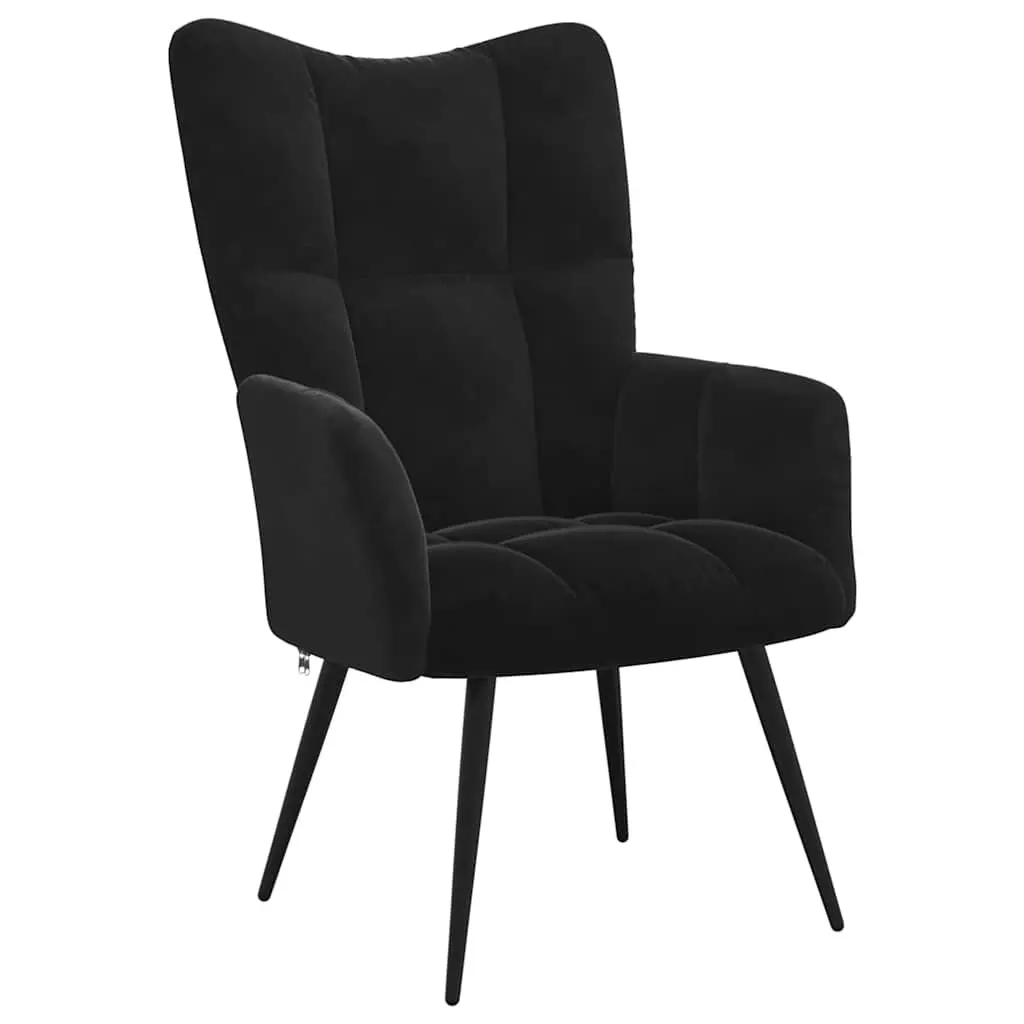 Armchair Black Velvet Relaxing Chair with Stool Block Detailing Thickly Padded Foam Steel Frame