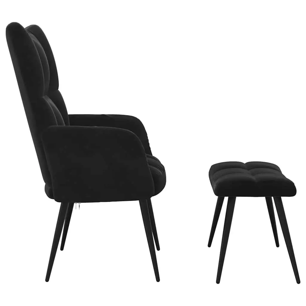 Armchair Black Velvet Relaxing Chair with Stool Block Detailing Thickly Padded Foam Steel Frame