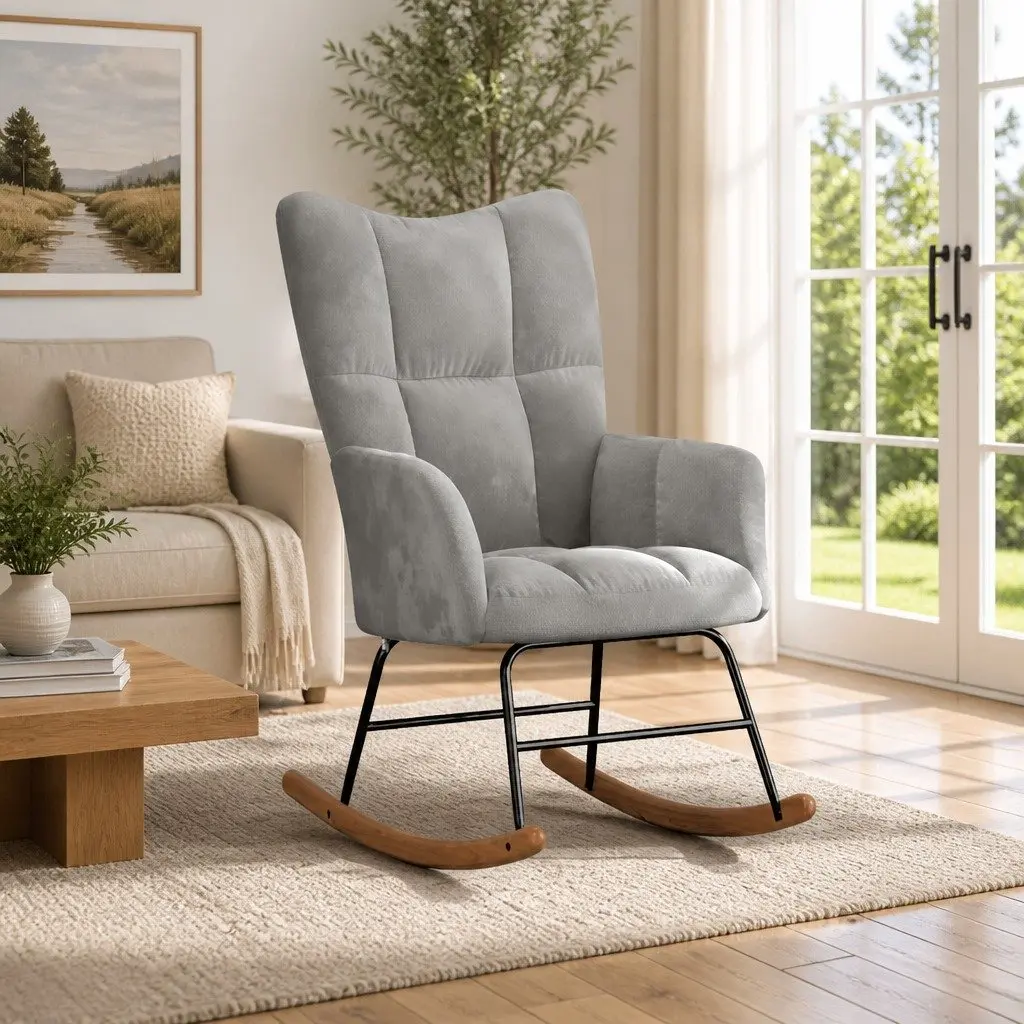 Rocking Chair Grey Velvet Upholstered Lounge Seat Padded Foam Steel Frame Wooden Rails