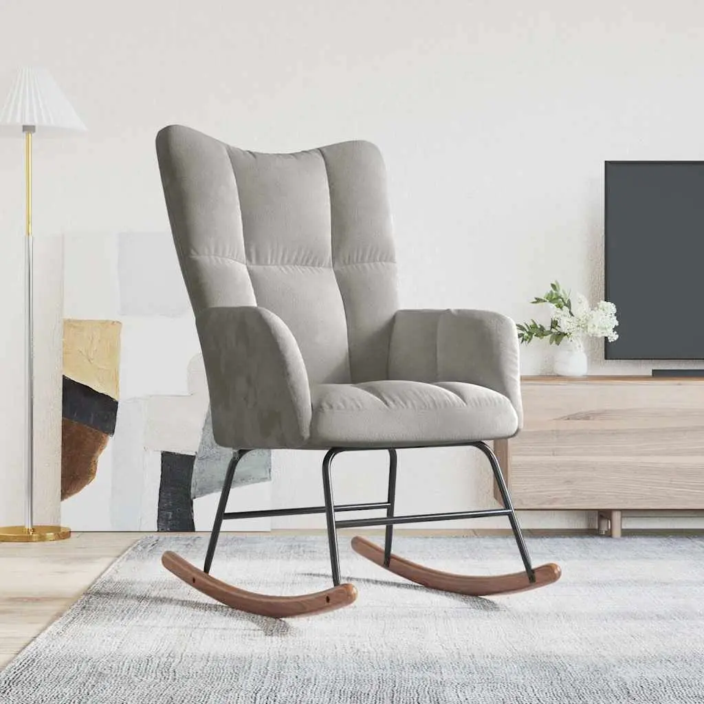 Rocking Chair Grey Velvet Upholstered Lounge Seat Padded Foam Steel Frame Wooden Rails