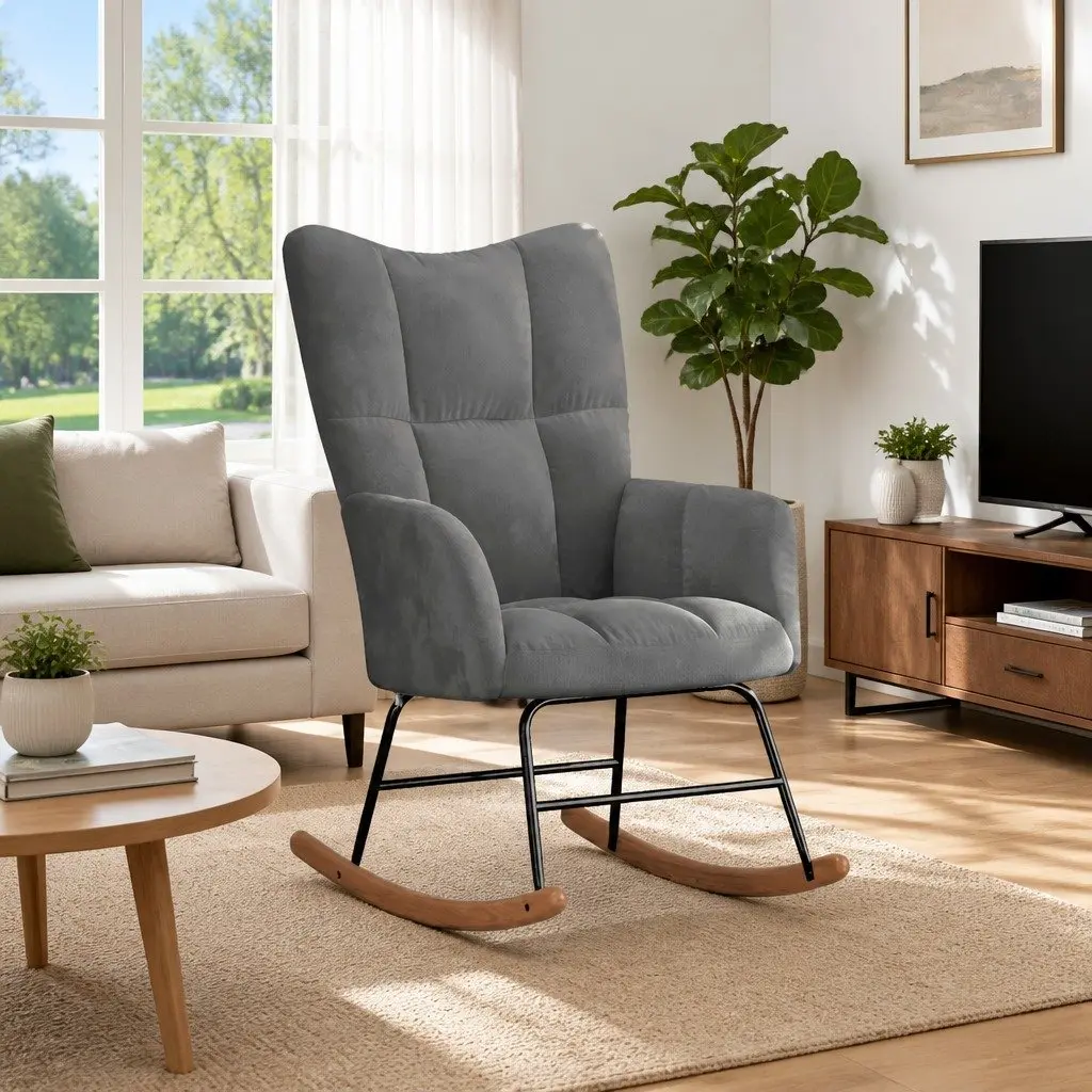 Rocking Chair Grey Velvet Padded Armchair Steel Frame Wooden Rocking Rails