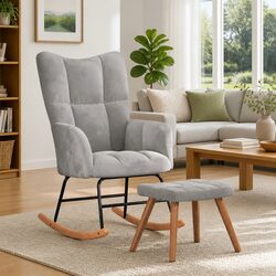 Rocking Chair with Stool Grey Velvet Padded Foam Relaxing Armchair Living Room