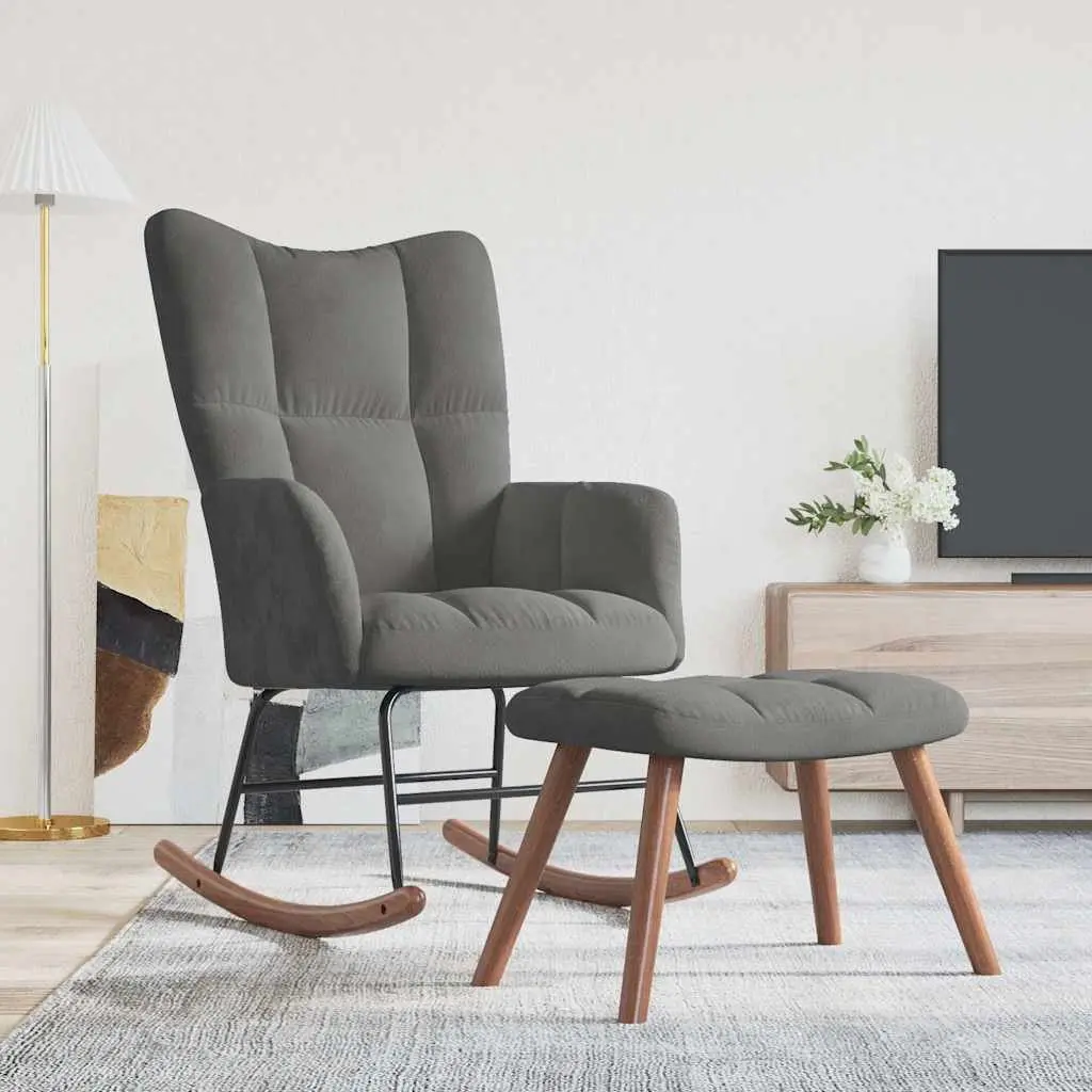 Rocking Chair Dark Grey Velvet Upholstered Padded Armchair with Matching Stool