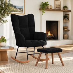 Concise Rocking Chair with Stool in Black Velvet