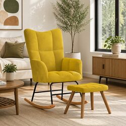 Rocking Chair with Stool Yellow Velvet Upholstered Padded Armchair Living Room