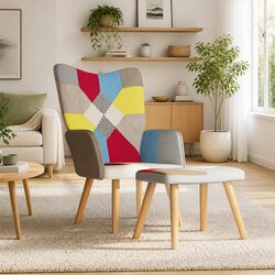 Relaxing Chair with Stool Patchwork Multicolour Armchair Padded Foam Upholstered