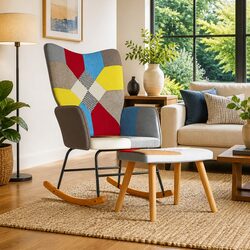 Rocking Chair with Stool Patchwork Fabric Armchair Living Room Relax Seat